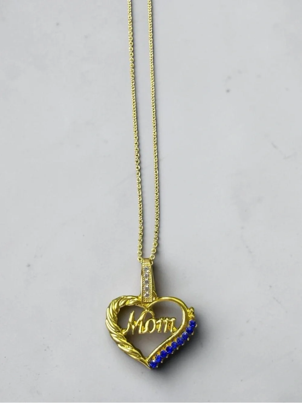 Sapphire Simulated Gold Tone Mom Necklace 16-18 inch adjustable necklace